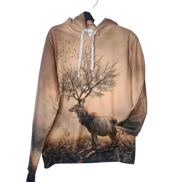 Zootop Bear Deer Tree Printed Hoodie Size XL Beige Pockets Hunting Nature - Picture 1 of 7